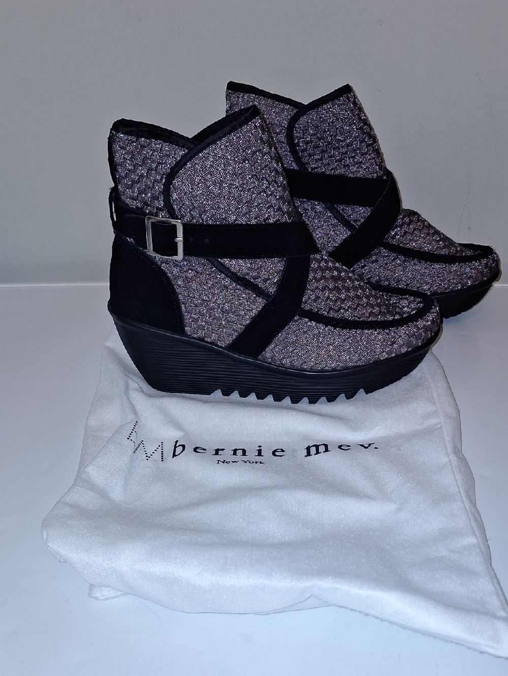 bernie mev. Quilted Gray and Black Wedge Booties with Buckle